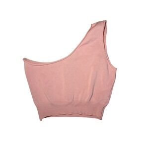 Thinkable Pink One Shoulder Knit Crop Top Sleeveless Ribbed Hem Size Free